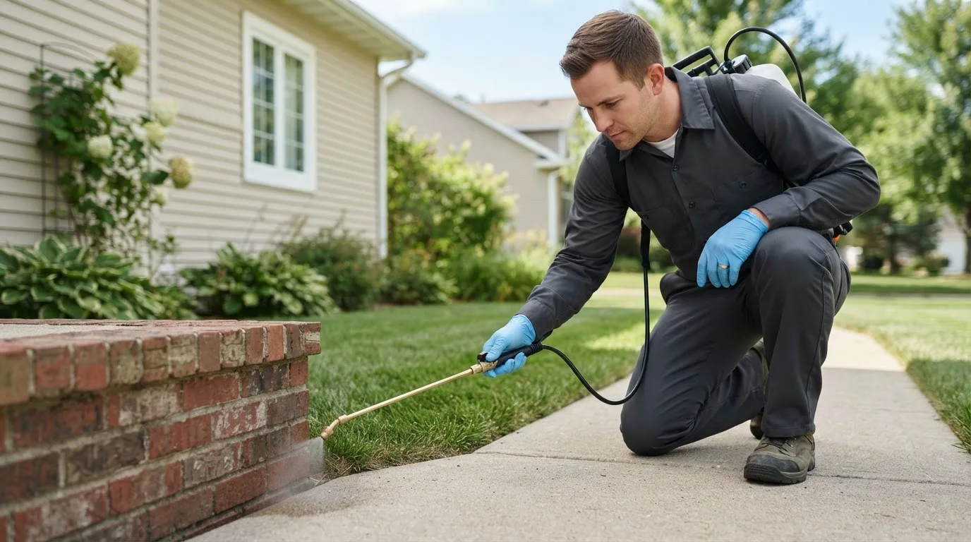 Pest control technician treating a home near Fenton, IA