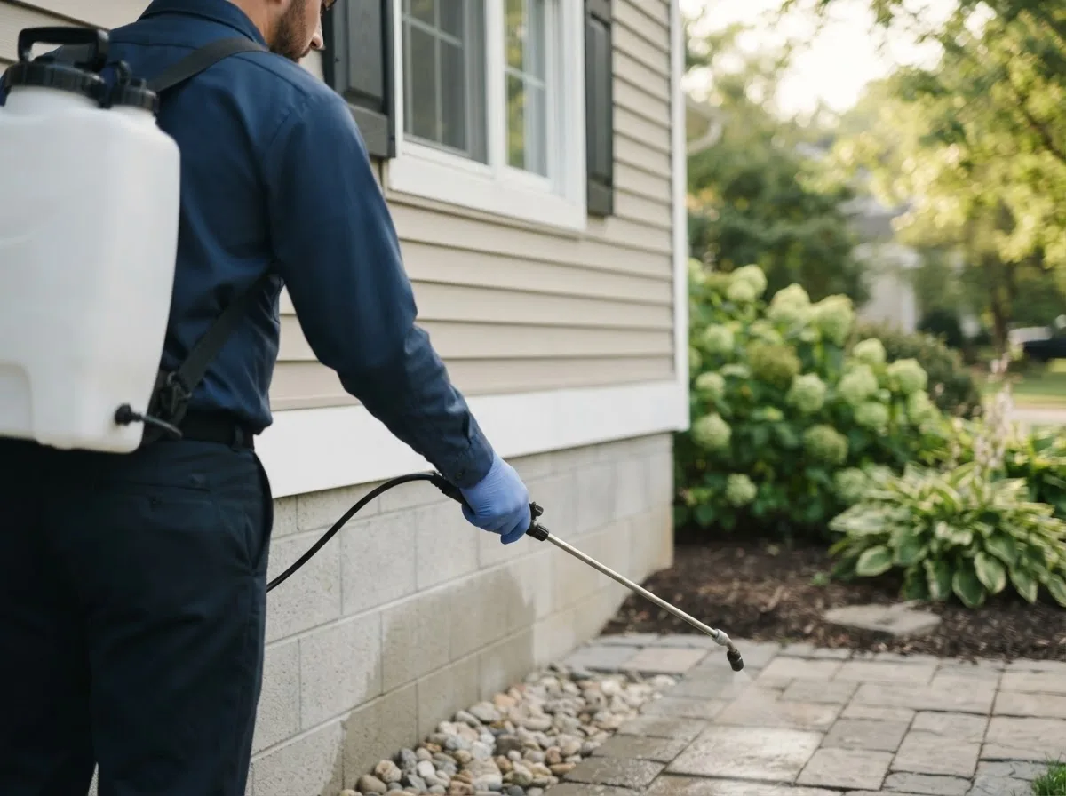 Pest control technician inspecting a home in Fenton, IA